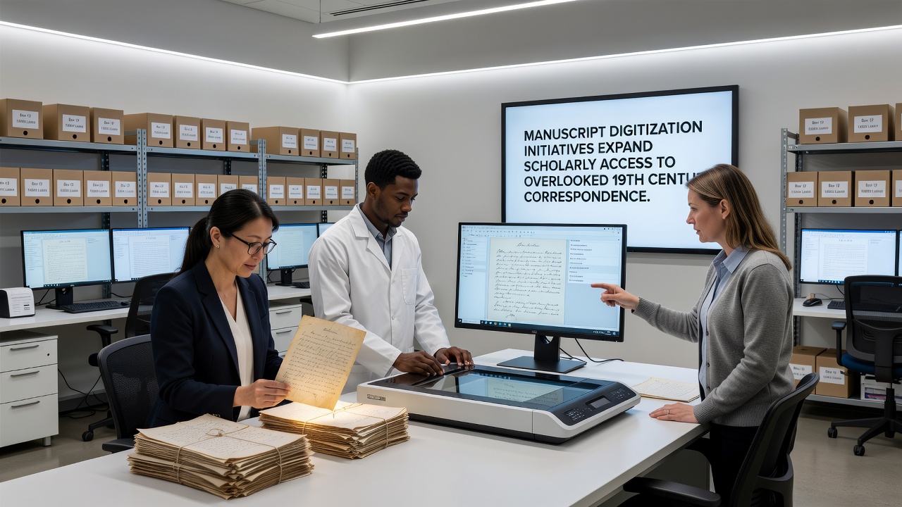 Digital interface displaying scanned 19th century letters with metadata and search tools on a researcher workstation